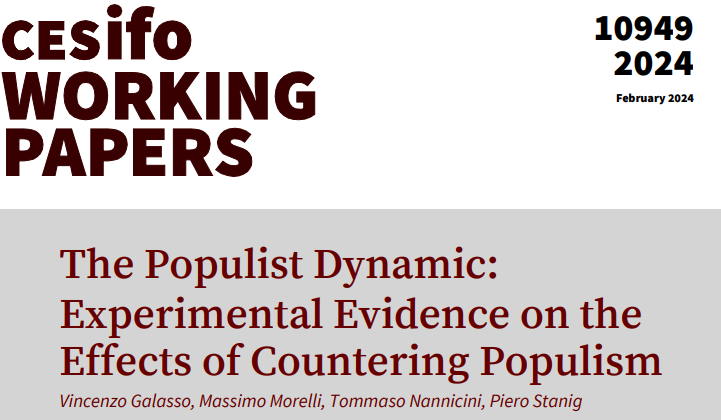 The Populist Dynamic: Experimental Evidence on the Effects of Countering Populism | @vingalasso Massimo Morelli, @TNannicini Piero Stanig #EconTwitter cesifo.org/en/publication…