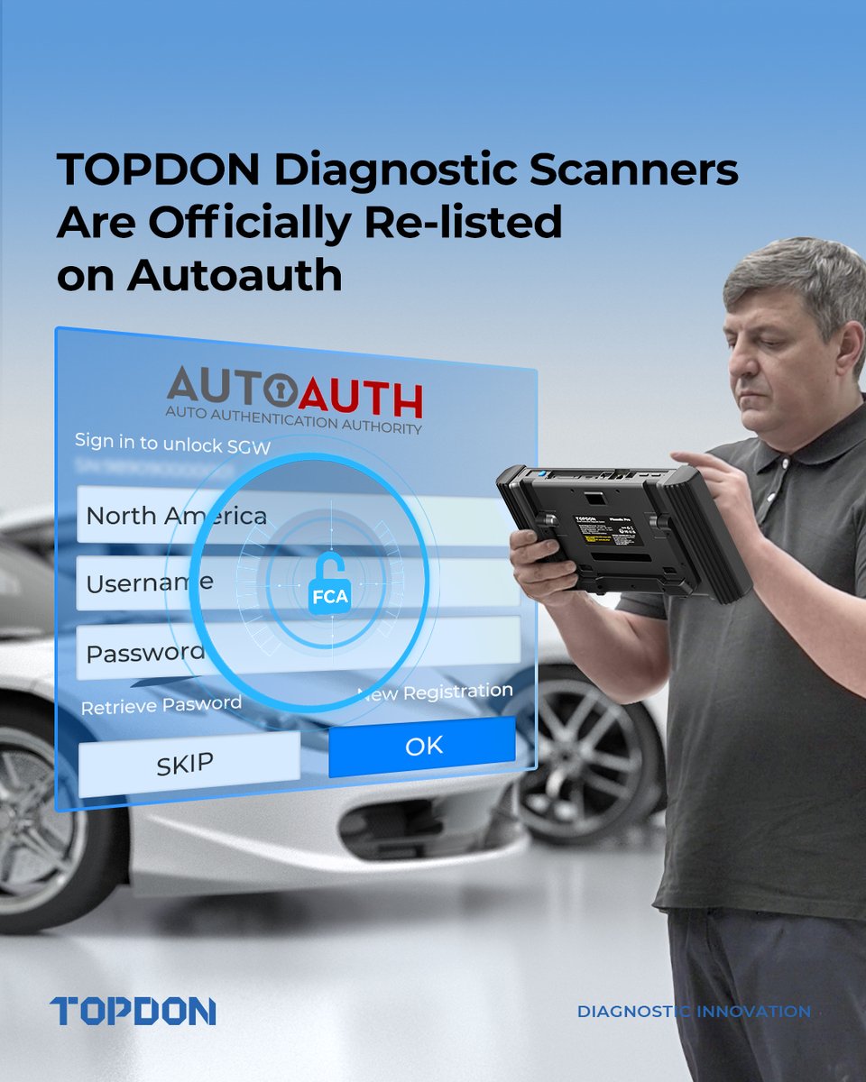 We are excited to announce that TOPDON's diagnostic scanners have been officially relisted on #AutoAuth! This means enhanced access to the Secure Gateway Module (SGW) on 2017 and newer Fiat Chrysler Automobiles U.S. (FCA) vehicles across our product range is now restored. #topdon