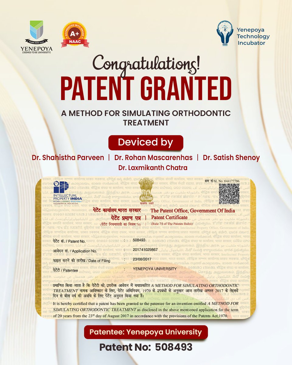 We extend our congratulations to Dr. Rohan Mascarenhas, Dr. Shahistha Parveen , Dr. Sathish Shenoy &amp; Dr. Laxmikanth Chatra  for the successful patent grant of invention  "A Method for Simulating Orthodontic Treatment".