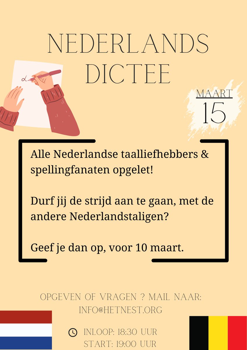 🖋️Scherp uw pennen voor het Nederlands Dictee 🪶 🇳🇱 Open voor alle liefhebbers van de Nederlandse taal 🇧🇪 🗓️15 maart, organisatie door Het Nest, de Nederlandse School van Kigali ➡️Inschrijven voor 10 maart via info@hetnest.org