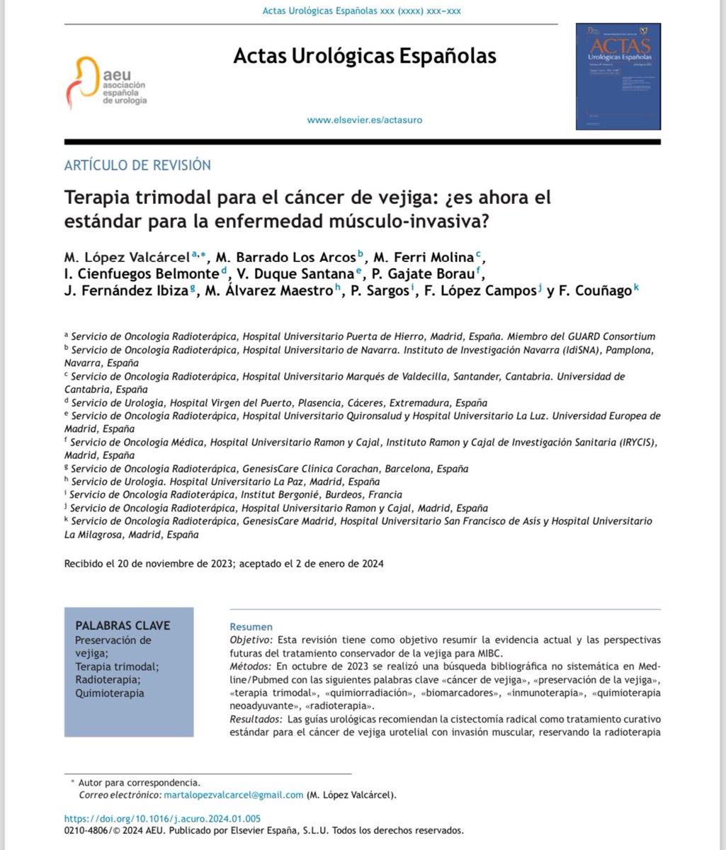 Artículo de revisión con un gran equipo multidisciplinar sobre el empleo de terapia trimodal en cáncer vesical publicado en @actasurologicas sciencedirect.com/science/articl…