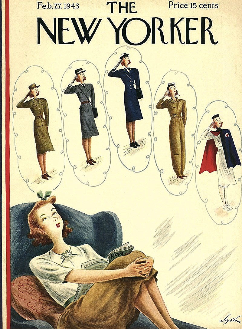 #OTD in 1943
(Dame Fashion enlists)
Cover of The New Yorker, February 27, 1943
Constantin Alajálov
#TheNewYorkerCover #ConstantinAlajálov #fashionmagazine #WW2 #WAC #WAVE #nurse #pilot #womensfashion