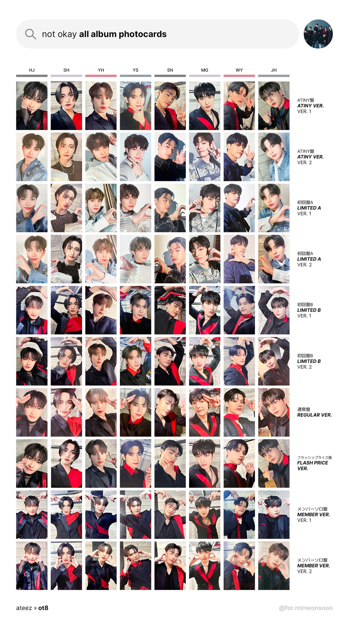 ATEEZ NOT OKAY トレカATINY盤 コンプセット ot8 Ateez NOT OKAY ◎photocard Atiny ver 20pcs (ot8 set + 4 unit