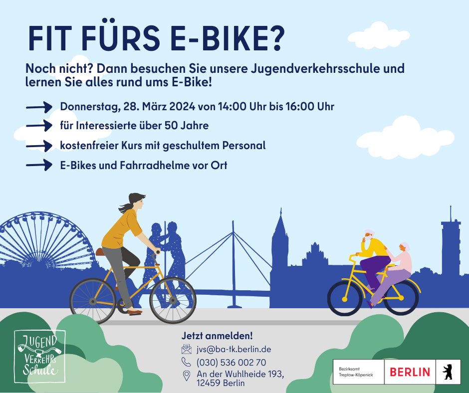 Sind Sie fit für das E-Bike? 🔋 🚲 Am 28.03. startet wieder der beliebte Kurs 'Fit fürs E-Bike' in unserer Jugendverkehrsschule. Alle Informationen auf einen Blick gibt es hier 👇