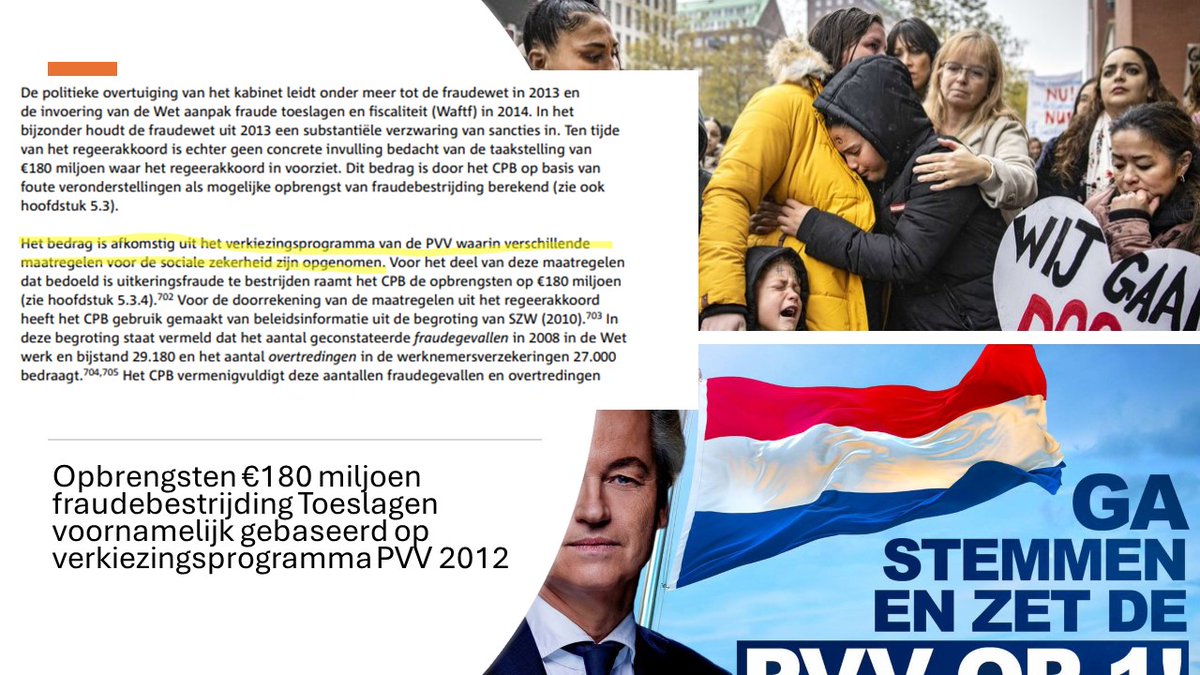 In het rapport over het #toeslagenschandaal staat dat bezuiniging van €180 miljoen door het kabinet werd ingeboekt Dat bedrag was gebaseerd het Verkiezingsprogramma van de PVV in 2012, : 'Misbruik van sociale voorzieningen wordt keihard aangepakt'. Geert Wilders vond het goed