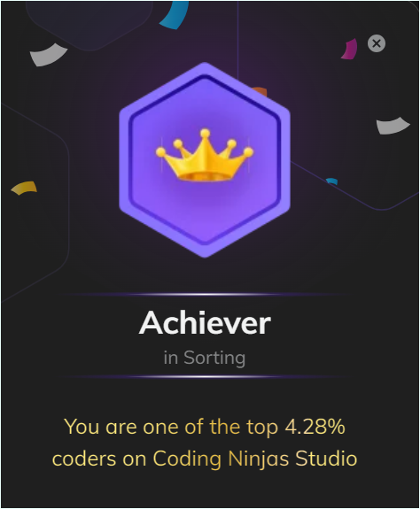 rajput_lakhan11's tweet image. 🚀 Just earned my &apos;ACHIEVER&apos; badge in Sorting on Coding Ninjas! 🔥🥇
Stay hungry, Keep coding &amp;amp; conquer the challenges that come your way. 🥷
💪🏻 Believe in yourself 💪🏻
Keep learning and level up your career! 
#SkillBadge #CodingNinjasStudio  
Look: 👇🏻
certificate.codingninjas.com/certificate/86…