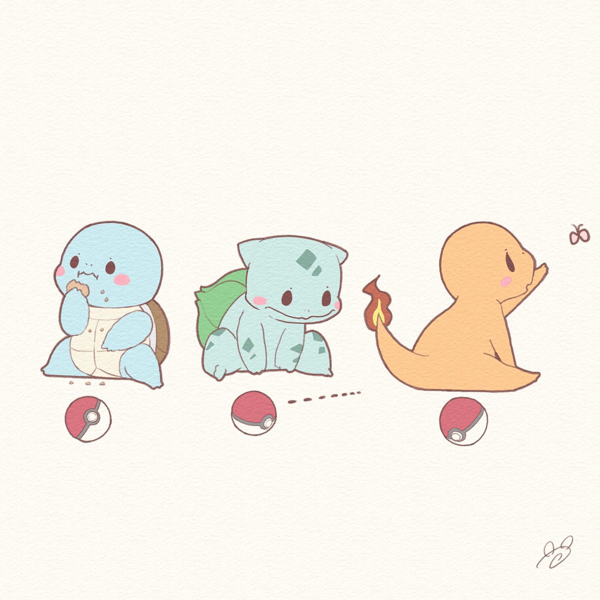 bulbasaur ,charmander ,squirtle no humans flame-tipped tail pokemon (creature) poke ball eating sitting fire  illustration images