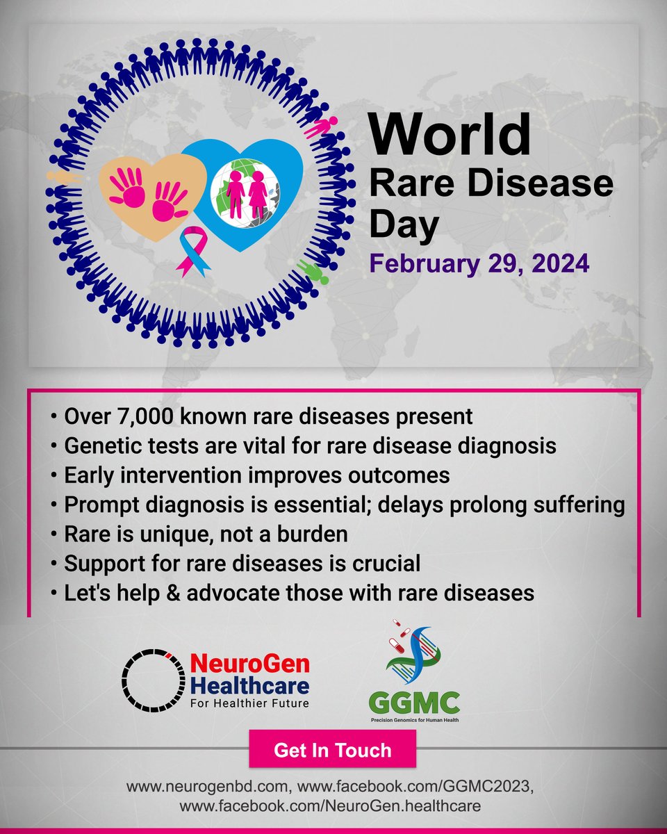 NeuroGenChild's tweet photo. ♦ World Rare Disease Day 2024 ♦ 
► February 29th ,2024

#World_Rare_Disease_Day_2024 #GenomicsBD #GeneticTesting #NeuroGenGGMC
#Genetherapy #NeuroGenHealthcare
#WholeExome #WholeGenomeSequencing
#Clinicalgenomics 
#GeneticCounselingBangladesh
#PrecisionmedicineBangladesh https://t.co/lME4SaR7Ww