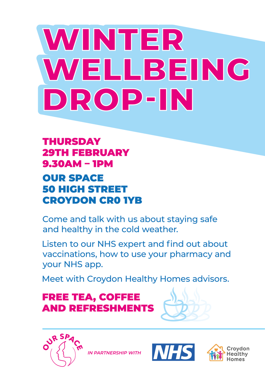 Come and talk to a range of services about staying well this winter.

Winter well being drop-in at the Our Space Hub on Thursday 29th February between 9.30am and 1pm

Croydon Healthy Homes will be there
