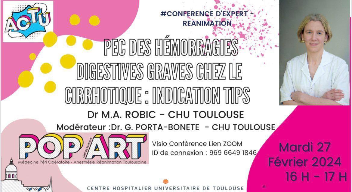 Conf d’expert 100% Toulousaine 🏉🏔

Hémorragies digestives chez le cirrhotique : indication TIPS 🩸

Par le Dr Robic et modération par Dr Porta-Bonete 

C’est aujourd’hui à 16h00 en visio avec lien ci-dessous👇
