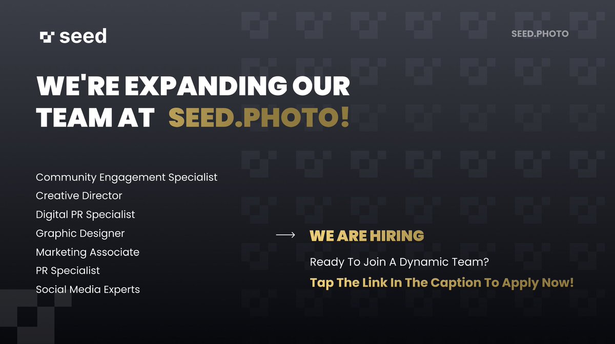 📣 Official Announcement from Seed.Photo! We're expanding our team and seeking ONLY individuals with Web3 expertise to fill the mentioned key roles.

🌟If you're ready to contribute to our innovative photography journey, apply here.⤵️
seedphoto.typeform.com/seedHR