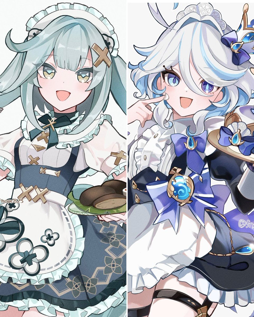 faruzan (genshin impact) ,furina (genshin impact) maid headdress 2girls multiple girls maid green eyes blue eyes smile  illustration images