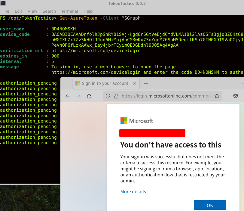 rootsecdev's tweet image. So authentication flows just dropped in my lab tenant @_dirkjan 

Can confirm. This is a powerful way to stop token theft via device codes. Will need to play around with it a bit more. If I go to the same resource without initiating a device code request then login functionality…