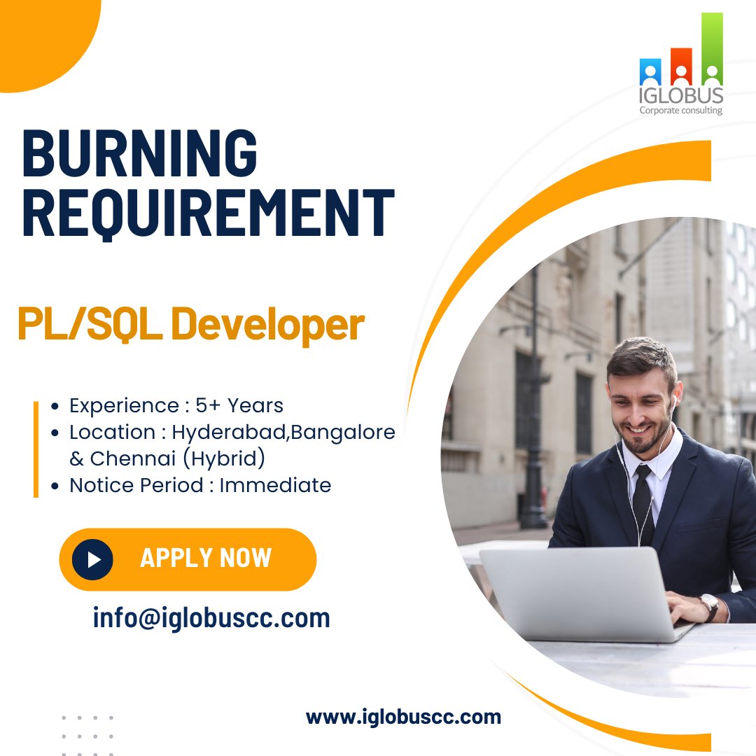 IGLOBUSCC's tweet image. We are looking for PL/SQL Developer
Experience: 5+ Years
Location: Hyderabad, Bangalore & Chennai (Hybrid)
Contact us: 8464848389
*Immediate Joiner's Only
If Interested,
Drop your CV: -info@iglobuscc.com
Our website:-www.iglobuscc.com
Regards,
IGLOBUS
#plsqldeveloper #SQL