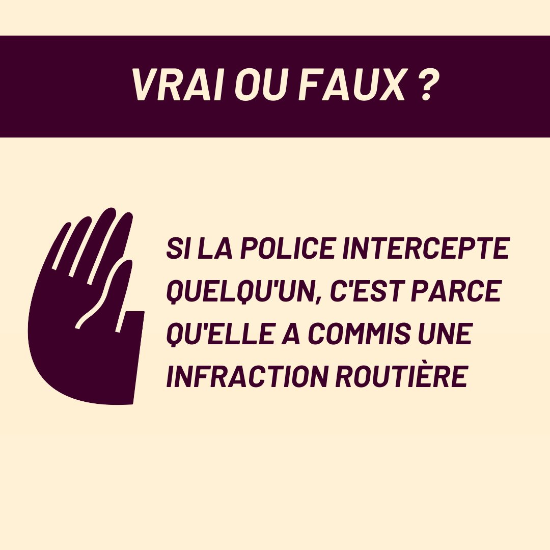 ODP_profilages's tweet photo. 🚔Vrai ou faux ?
"Si la police intercepte quelqu'un, c'est parce qu'elle a commis une infraction routière." Découvrez la réponse à travers ce carrousel dans le cadre de la campagne "Bloquons la route au profilage au volant". #Profilageauvolant #ODP #AffaireLuamba #profilageracial https://t.co/r0ZVqy59FK