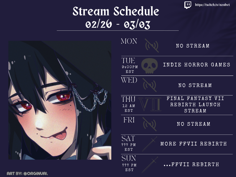 Stream Schedule 02/26 - 3/03 😱scary indie games!! ⚔️FINAL FANTASY VII ...