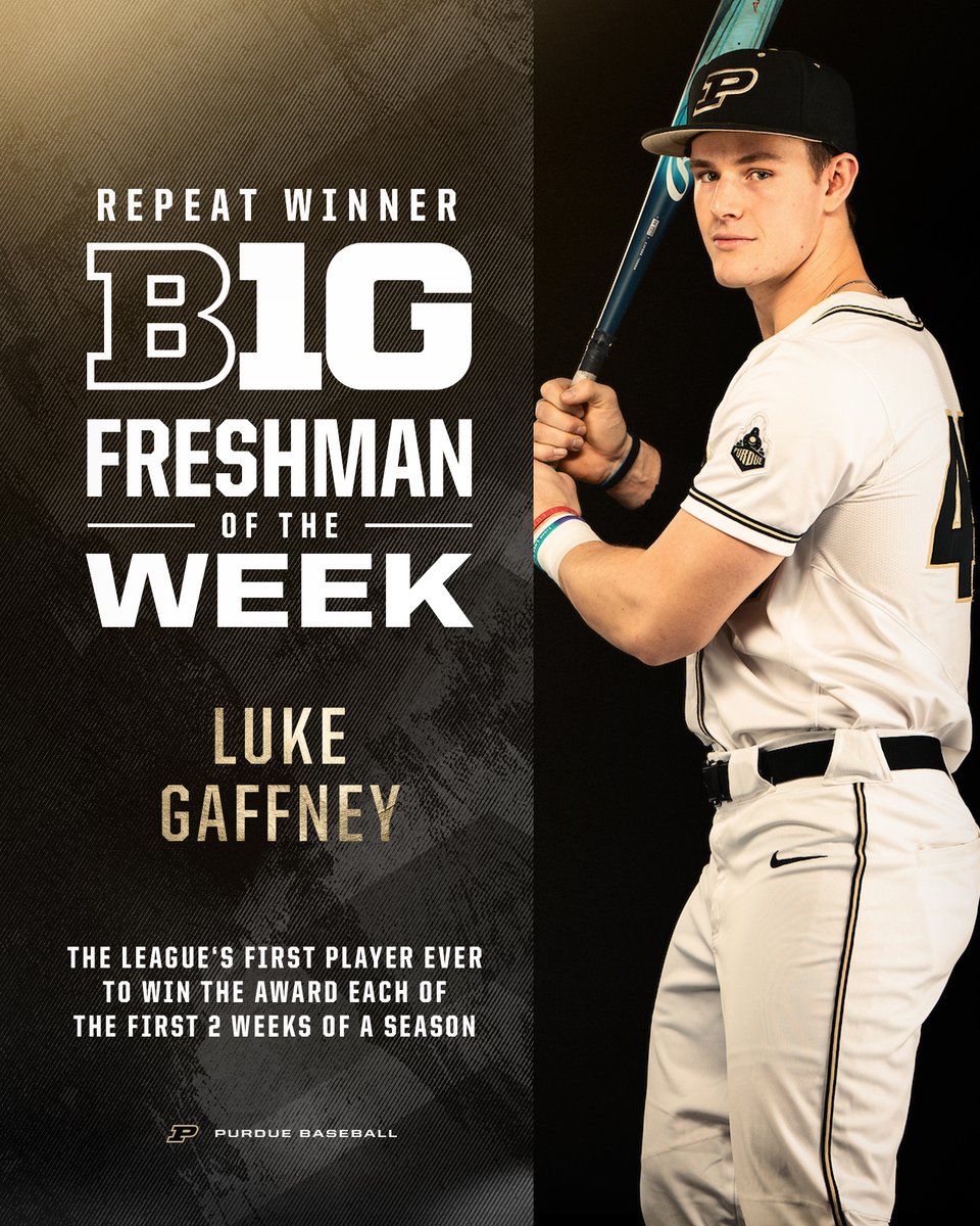 PurdueBaseball's tweet photo. ✅ Hit safely in all 4 games of Series Win
✅ HR in his 1st AB of games 1 &amp; 3
✅ Game-tying &amp; go-ahead RBI in consecutive ABs Sunday

🤯 @TheLukeGaffney: 1st Big Ten player in 14-season history of Freshman of the Week to open season as repeat honoree.

📰 https://t.co/ph2vLshAuE https://t.co/xu3tcUuQoh