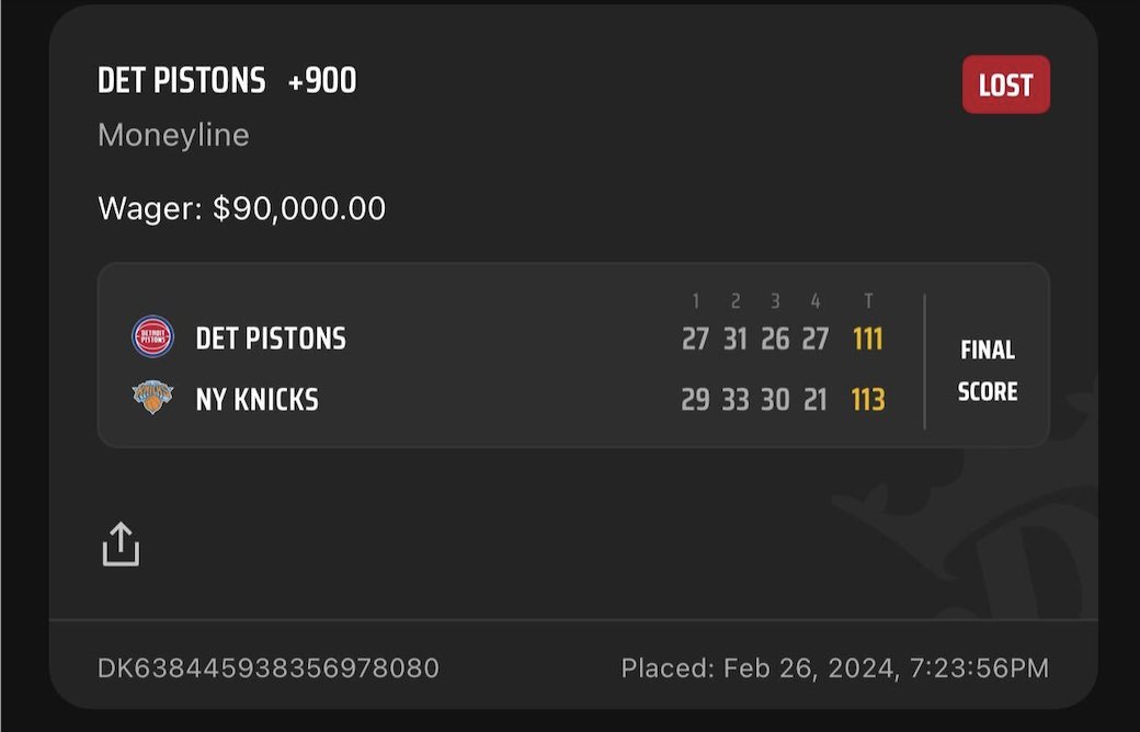 Imagine having $90K to win $810K on Pistons ML and losing because of this ending 😳

(via <a href="/Marco_Parlay/">Marco Piemonte</a> | <a href="/DKSportsbook/">DraftKings Sportsbook</a>)
