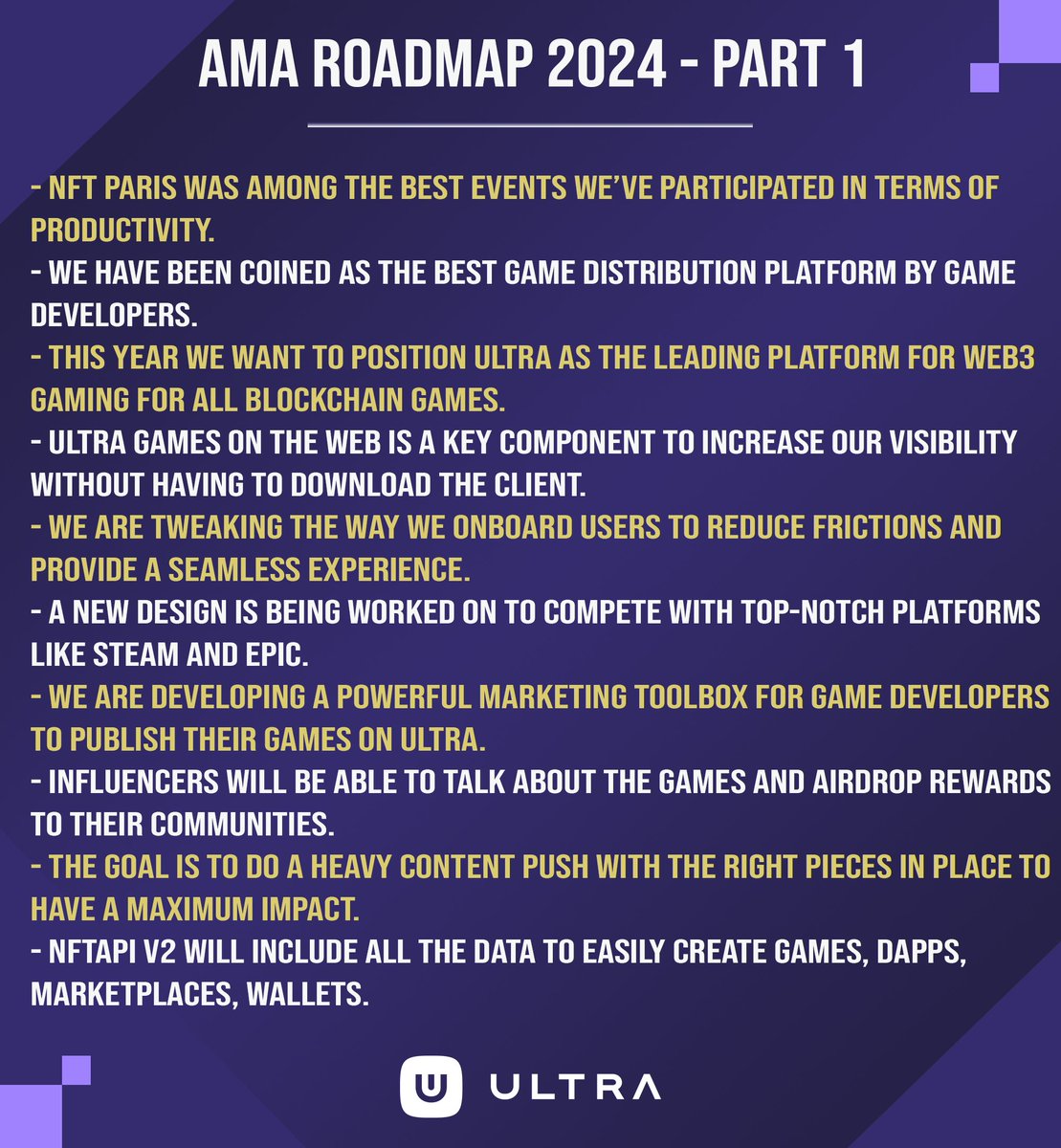 🔖 Full summary of the AMA session with @Lebigzer and N. Gilot regarding @ultra_io's 2024 Roadmap &amp; NFT Paris with juicy insights!

The key one being:
✅ The mega-deal really wears its name properly, it’s gonna be fullblown this year!

Let's push it to the sky $UOS fam! 💥 [1/5]