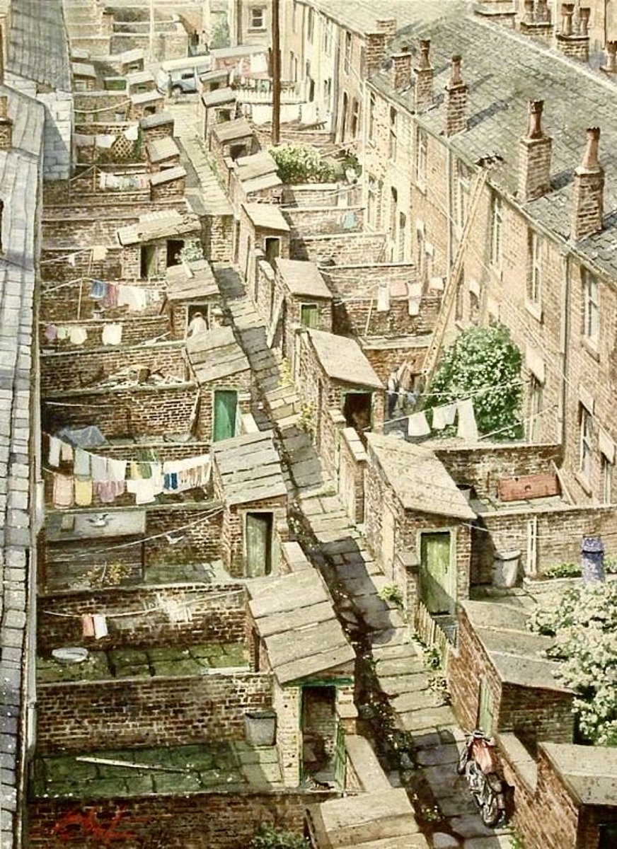 After a recent post about #WashingLineArt 🧺 good to see <a href="/Chimni_Wiki/">Chimni House History</a> were ahead of the game … their fine thread can be found below this included work, featuring 1960s Rochdale 😍👏 … 

View from a Train by Geoff Butterworth #Art