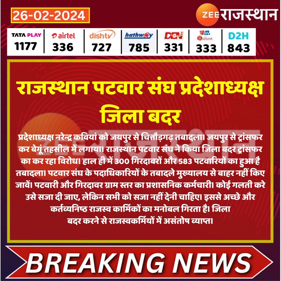 गत वर्षों में जिस तरह कार्मिकों को प्रताड़ित करने हेतु ट्रांसफर उद्योग डेवलप हुआ है,अब हद हो गई है कि कर्मचारी संगठनों के प्रदेश व जिला स्तरीय पदाधिकारियों को प्रताड़ित करने के उद्देश्य से जिला बदर किया जा रहा है जो घोर निंदनीय है
<a href="/BhajanlalBjp/">Bhajanlal Sharma</a> 
<a href="/News18Rajasthan/">News18 Rajasthan</a> 
<a href="/zeerajasthan_/">ZEE Rajasthan</a>