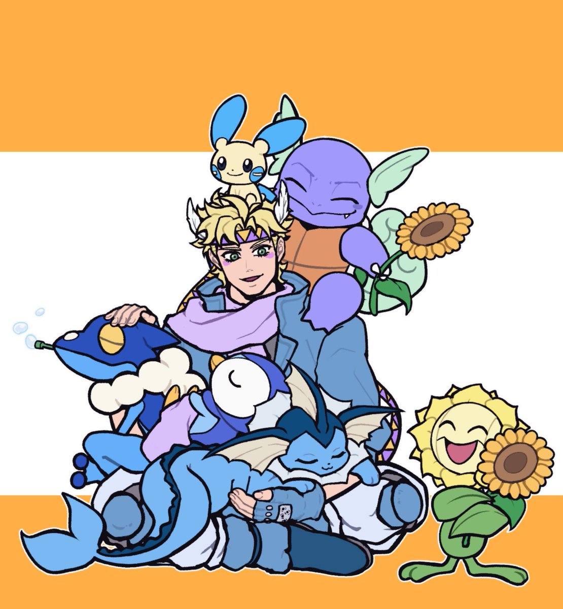 caesar anthonio zeppeli ,vaporeon crossover pokemon (creature) blonde hair sunflower 1boy scarf flower  illustration images
