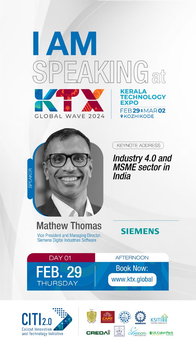 I am looking forward to speaking at this event day after tomorrow.

Event : #KTXGlobalWave2024
Topic : #Industry4 and #MSMEsector in #India 
Date : Thursday, February 29, 2024
Time : Afternoon
Location : #KeralaTechnologyExpo, #Kozhikode