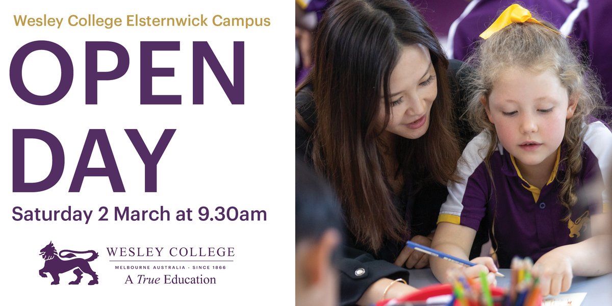 Discover Wesley College Elsternwick this Saturday. Open Day 9.30am to 11.30am at our Elsternwick Campus. Take a campus tour and speak to our students, current families and staff. Register now: wesleycollege.edu.au/enrol/book-a-c…