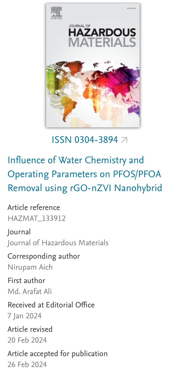 Congrats #AichLENS member Md. Arafat Ali @MdArafatAli1994 for getting his first first-authored paper from PhD accepted in @HAZMAT_journal. In this @SRP_NIEHS funded work with @UBAgaLab @ianbradl we looked at nanocatalyst performance for PFAS treatment in various water chemistry.