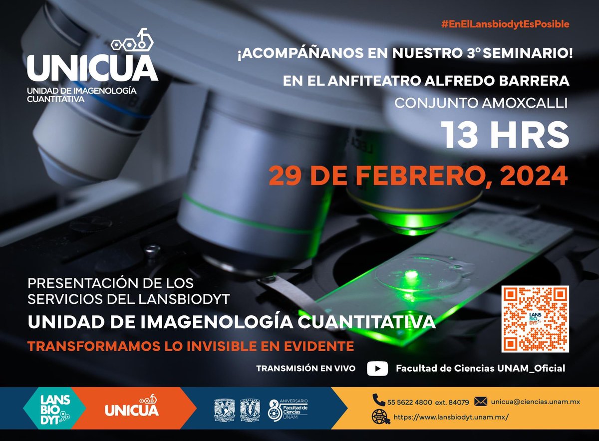 Facultad de Ciencias UNAM (@fciencias) on Twitter photo 🟠🟣Esta semana, no te pierdas el tercer seminario de: "Presentación de los servicios <a href="/lansbiodyt/">LaNSBioDyT</a> Unidad de Imagenología Cuantitativa #UNICUA 🔬🦠🧫
🗓️ jueves 29 de febrero 2024
🕰️13:00 hrs.
📍Anfiteatro Alfredo Barrera
¡Transformando lo invisible en evidente! 🔍 🟠🟣Esta semana, no te pierdas el tercer seminario de: "Presentación de los servicios <a href="/lansbiodyt/">LaNSBioDyT</a> Unidad de Imagenología Cuantitativa #UNICUA 🔬🦠🧫
🗓️ jueves 29 de febrero 2024
🕰️13:00 hrs.
📍Anfiteatro Alfredo Barrera
¡Transformando lo invisible en evidente! 🔍