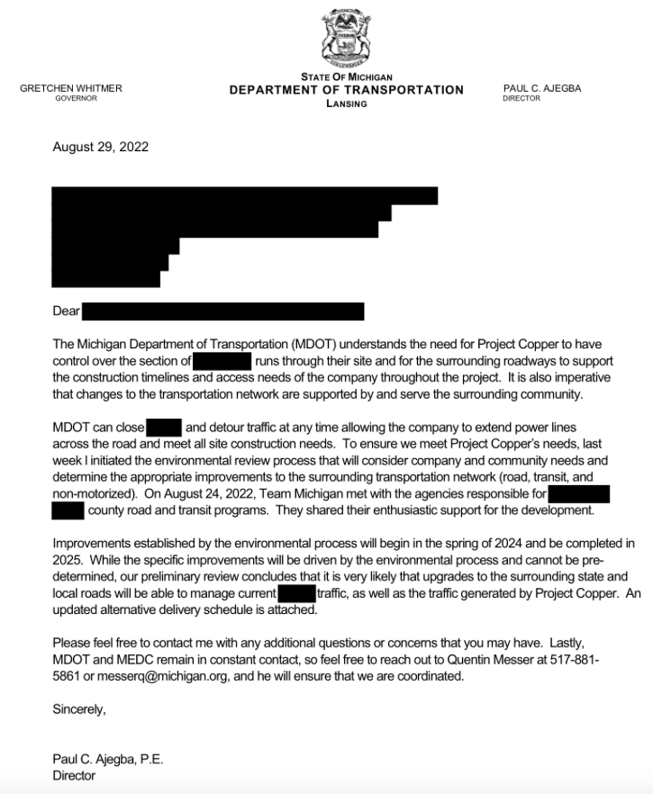 StopLeaping's tweet image. The secret bid docs for "Project Copper" at the Eagle Megasite reveal MDOT assurances to close M-100.

The MDOT director assured the company they could close the state highway, despite not having environmental or public hearings.

Read the full bid docs:
mmicnever.com/project-copper