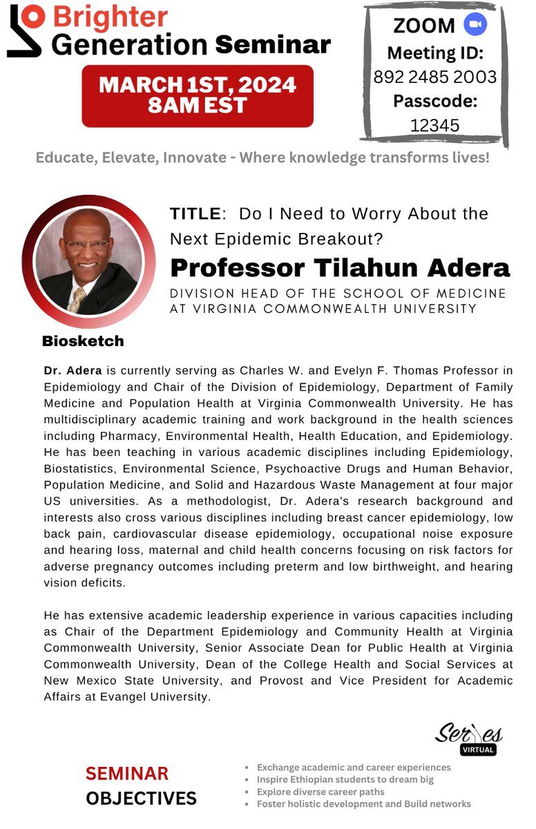 Brighter_Gen's tweet photo. Exciting news!
Brighter Generation's first monthly seminar session presents, Prof. Tilahun Adera, an epidemiologist, and Dr. Timothy Livengood, a NASA planetary scientist. 
Join us on March 1st, ከቀኑ 10 ሰአት (8 am Washington DC time) via Zoom. https://t.co/CVQUCAyC68