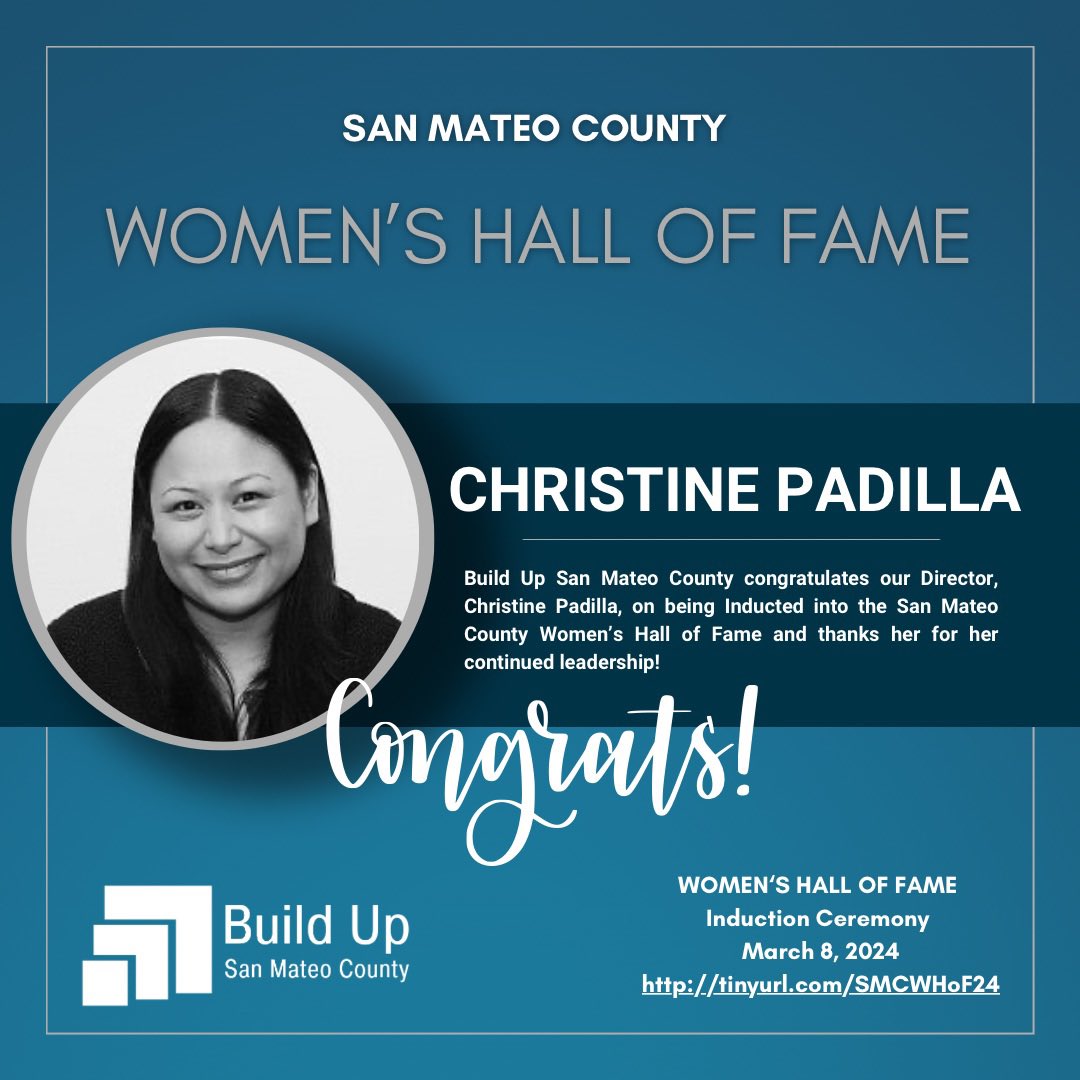 Build Up San Mateo County (@buildupsmc) on Twitter photo #BuildUpSMC Congratulates our Director, <a href="/cvpadilla/">Christine Padilla</a>, on being Inducted into the <a href="/sanmateoco/">County of San Mateo</a> Women’s Hall of Fame and thanks her for her continued dedication & work!
tinyurl.com/SMCWHoF24 #BuildUpSMC Congratulates our Director, <a href="/cvpadilla/">Christine Padilla</a>, on being Inducted into the <a href="/sanmateoco/">County of San Mateo</a> Women’s Hall of Fame and thanks her for her continued dedication & work!
tinyurl.com/SMCWHoF24