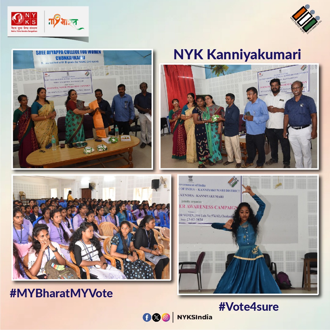 NYK Kanniyakumari conducted a vibrant Voters Awareness Campaign in Thackalay block, where Shri A. Kumar, Deputy Tahsildhar, Election, delivered an insightful address, encouraging civic participation and electoral awareness. #MYBharatMYVote🗳️ #Vote4Sure #NYKS