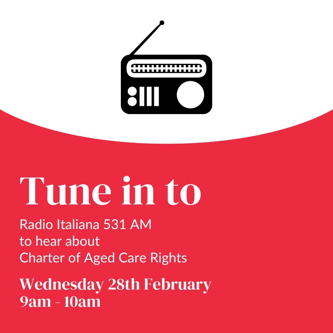 Tune in to Radio Italiana 531 on Wednesday 28 February from 9.00am – 10.00am as we discuss the Charter of Aged Care Rights. Tune in! #ARAS #ElderAbuse #AgedRightsAdvocacy #AgedCareAustralia #RadioItaliana531