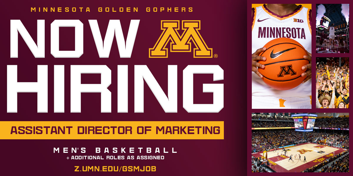 🚨 JOIN OUR TEAM 🚨 We're hiring the next Assistant Director of Marketing to join us in Minneapolis. This role will oversee marketing & fan experience efforts for Men's Basketball and other assigned sports. APPLY: z.umn.edu/GSMjob Job ID: 359909 #SkiUmah #Gophers 〽️