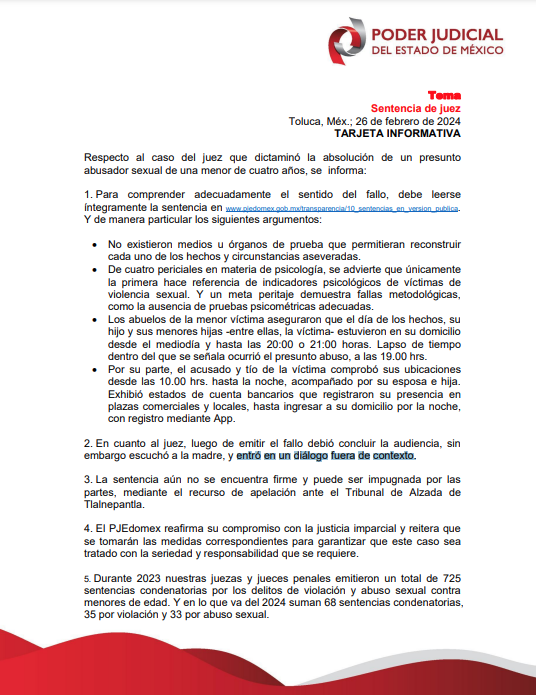 #ÚltimaHora 🔴 | Justifica #PoderJudicial del #Edomex a juez que absolvió a abusador sexual de niña de 4 años porque la menor desconocía la hora de la agresión. 

«Fue un diálogo fuera de contexto», afirmaron en una Tarjeta Informativa.

Lee más en: bitly.ws/3eeNF