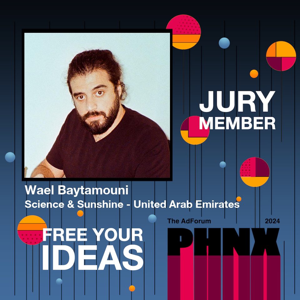 ScienceSunshine's tweet image. We’re stoked to announce that our senior creative @WaelBaytamouni will be on the jury at this year’s #PHNXawards2024 🚀