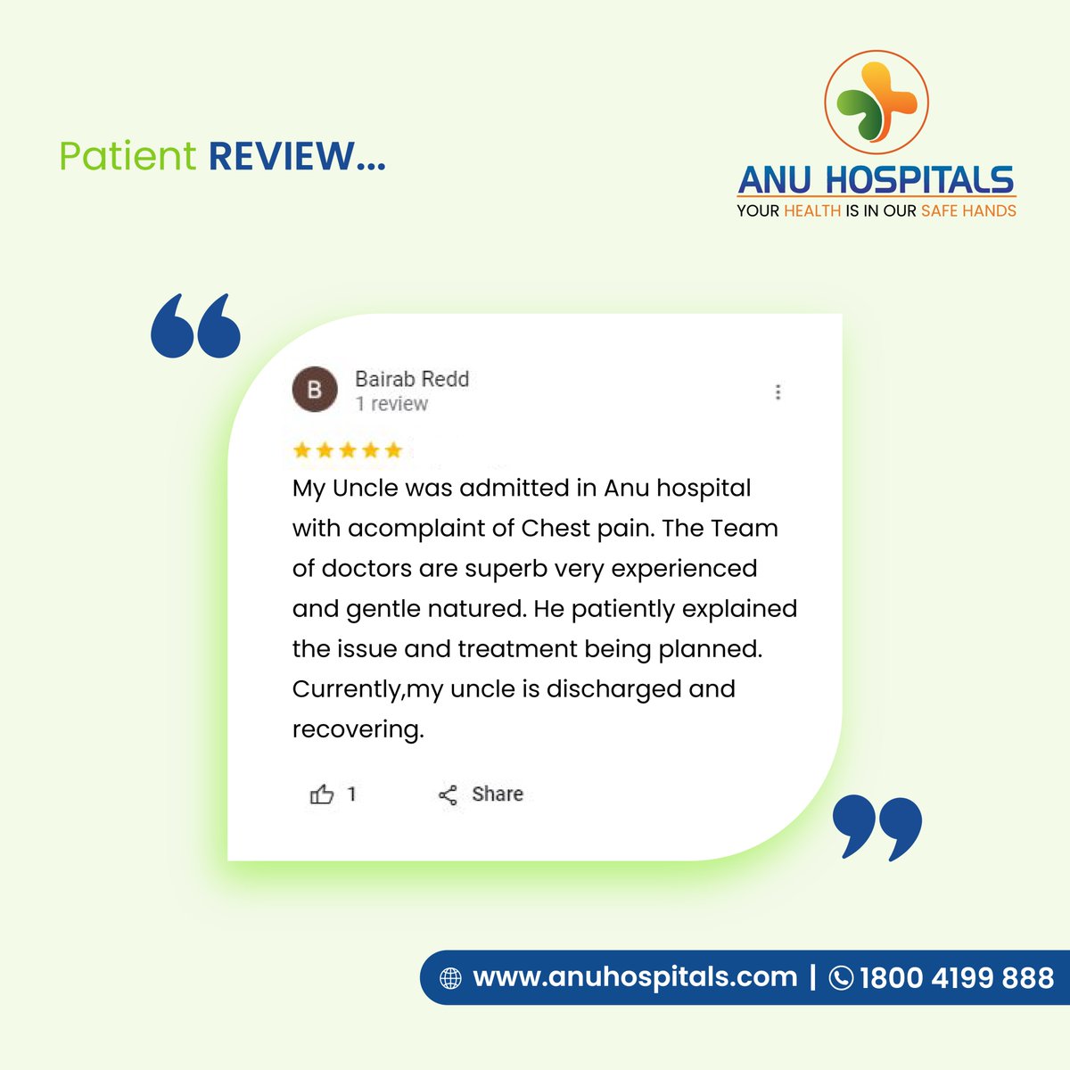 We express our profound appreciation to our exceptional patients, whose gestures of kindness and generosity in sharing their positive experiences deeply resonate with us. 
#anuhospitals #vijayawada #patientreview #GratefulPatient #PatientExperience #TopQualityCare #PositiveHealth