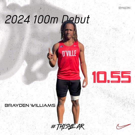 Huge congratulations to Brayden Williams posting a PR in the 100 meters of 10.55 wind reading +0.3! Currently #1 U.S.A. WIND LEGAL! He’s Class of 2025 Colleges &amp; Universities! <a href="/Braywilliams_1/">Brayden Williams</a>