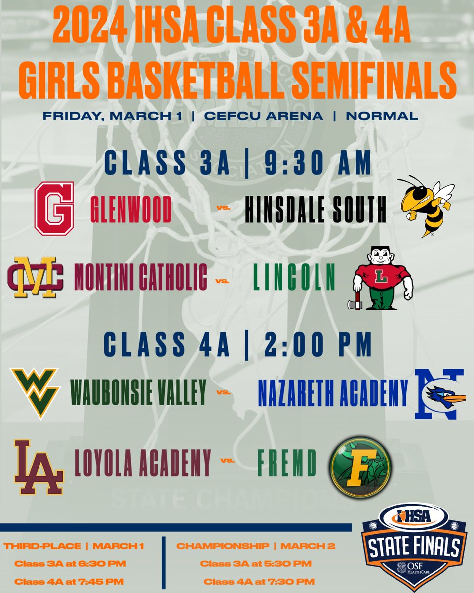🏆🏀The field is set for the 2⃣0⃣2⃣4⃣ #IHSA Girls Basketball State Finals!
📅February 29 - March 2
📍CEFCU Arena | ISU | Normal
🔗🌲STATE FINAL INFO▶️linktr.ee/ihsa_il
Includes...

🎟️Tickets
📺👀How to watch
🧢👕Gear
📙Program
📸Photos
🏨🍔Local Info