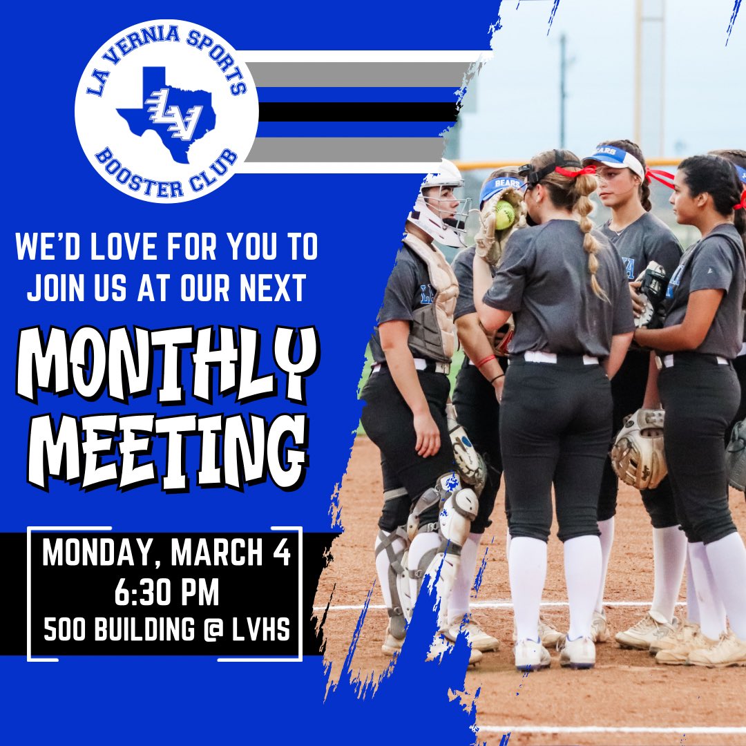 We’ll see y’all next MONDAY at the LV Sports Booster Club monthly meeting!!! Come join us! 

<a href="/supt_lvisd/">drfhc</a> <a href="/LVISDAthletics/">LVISDAthletics</a> <a href="/high_vernia/">La Vernia High School</a> <a href="/LaVerniaISD/">La Vernia ISD</a> <a href="/LaVerniaNews/">La Vernia News</a>