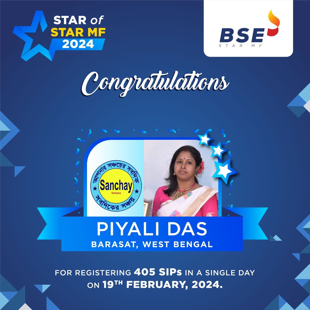 Kudos to Smt. Piyali Das from West Bengal! 2nd successful successful SIP drive this FY & 405 SIPs registered in a day. #SIPchampion @BSEIndia @SameerPatil2019 @ADS0210 @DebRanjanDas10 @JKetan5 @SandeepMoreBSE @cafemutual