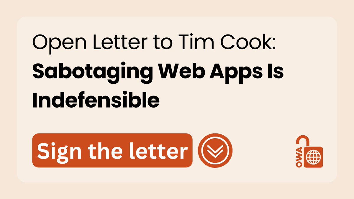 Open Letter to Tim Cook: Sabotaging Web Apps is Indefensible 🔨 Apple breaking EU Web Apps in < 7 days 😢 Many companies will be bankrupted / severely hurt 🌎 This does global damage to the web 👇SIGN THE OPEN LETTER (Link below)