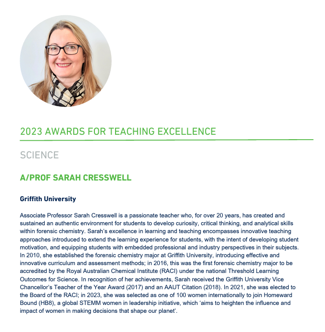 Please join us in congratulating Associate Professor Sarah Cresswell – Discipline Head of Chemistry and Forensic Sciences who was awarded the AAUT Teaching Excellence (Science) award in the 2023 Australian Awards for University Teaching last night.