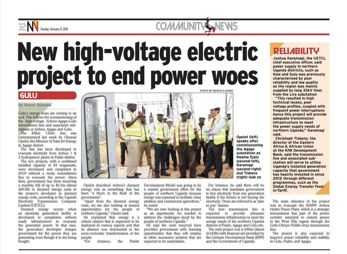 The power supply situation in #NorthernUganda was characterized by poor reliability and low quality. The 132kV Gulu - Agago T-Line will meet the power supply needs.

We are now fast-tracking the 132kV Kole-Gulu-Nebbi-Arua Line Grid Extension Project to the #WestNile region.