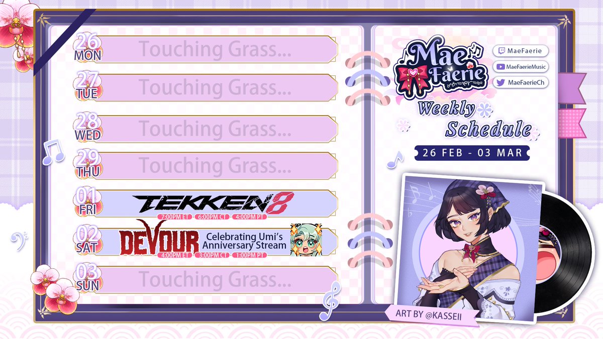 MaeFae's tweet photo. Did I seriously forget to put out my schedule this week? 🫠 Yes, yes I did... Here is my schedule for this week. We'll be celebrating @Umiko_VT anniversary on Saturday. See ya'll on Friday! #MaeDay https://t.co/ykJscD3BrX