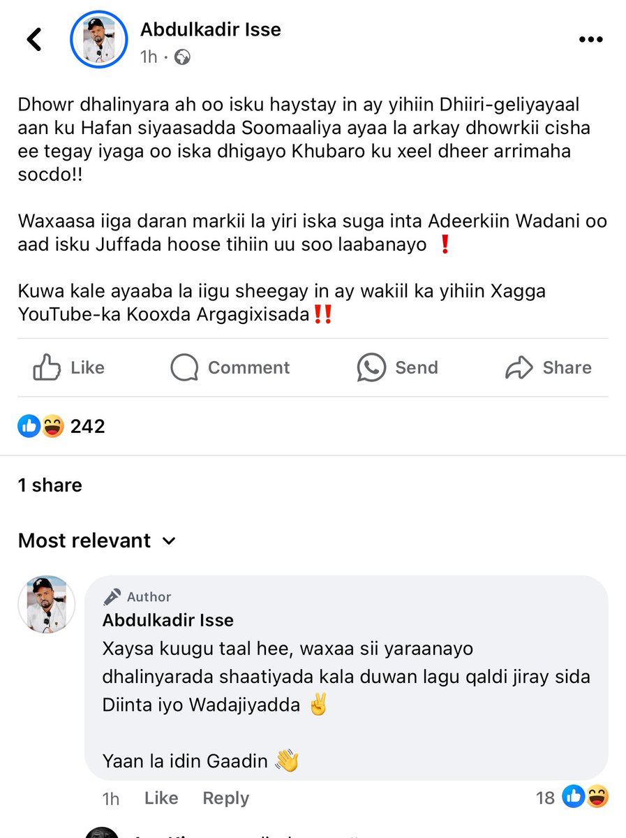 AbdullahiB8020's tweet photo. @OGAA_NSHO Alx hadii ay dhalinyarada lagu baraarujiyo Khawaarijta baraha bulshada aad ugu horeyso adigu https://t.co/Bwhkl0Dfeo