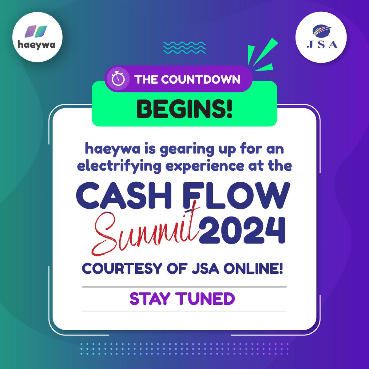 haeywa is gearing up for an electrifying experience at the Cash Flow Summit 2024, courtesy of JSA Online! 

Stay tuned as we embark on this exhilarating adventure and share the highlights with you every step of the way!

To Register: bit.ly/Shilpa-CashFlo… 

#CashFlowSummit2024