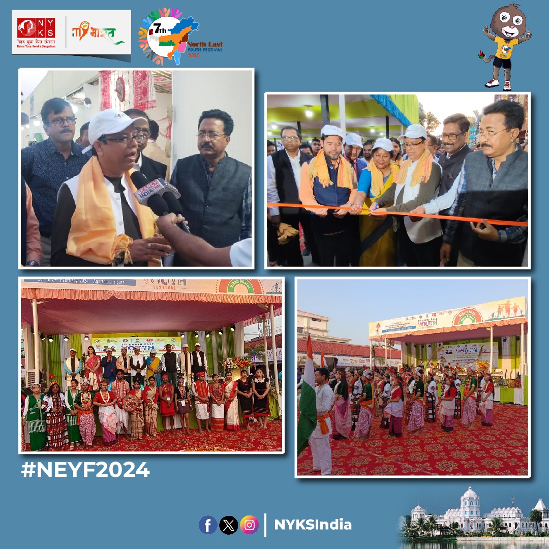 Shri Tinku Roy, Hon'ble Minister of Youth Affairs and Sports, Tripura inaugurated the 7th #NorthEastYouthFestival2024 in Agartala, Tripura. He also inaugurated Yuva Kriti and Food Festival stalls. #NEYF2024 #YouthEmpowerment #NYKS #Tripura